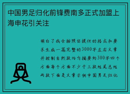 中国男足归化前锋费南多正式加盟上海申花引关注