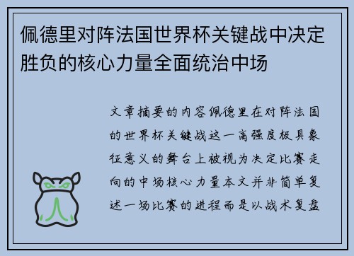 佩德里对阵法国世界杯关键战中决定胜负的核心力量全面统治中场