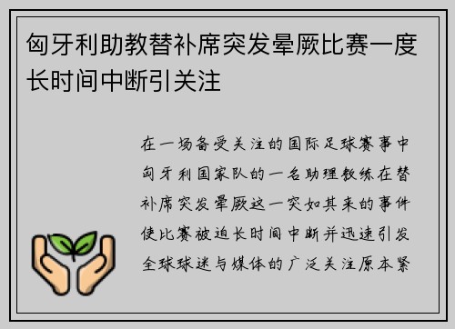 匈牙利助教替补席突发晕厥比赛一度长时间中断引关注 匈牙利助教替补席突发晕厥比赛一度长时间中断引关注