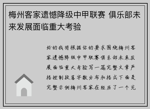 梅州客家遗憾降级中甲联赛 俱乐部未来发展面临重大考验